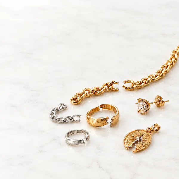 Bijoux en or et en argent cassés : chaîne, bagues, pendentif et boucle d’oreille rachetés au poids